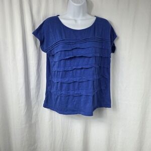 Liz Claiborne Shirt Womens Large Blue Ruffle Scoop Neck Cap Sleeve Top Casual